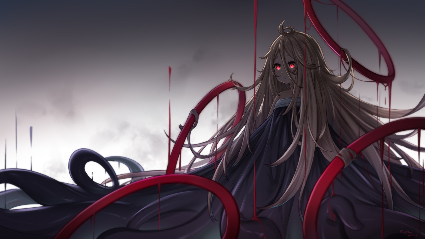 1girl ahoge artist_name commentary_request glowing glowing_eyes grey_background hair_between_eyes highres koebushi_(mat) light_brown_hair long_hair looking_afar monster_girl original prehensile_hair red_eyes solo tentacles very_long_hair