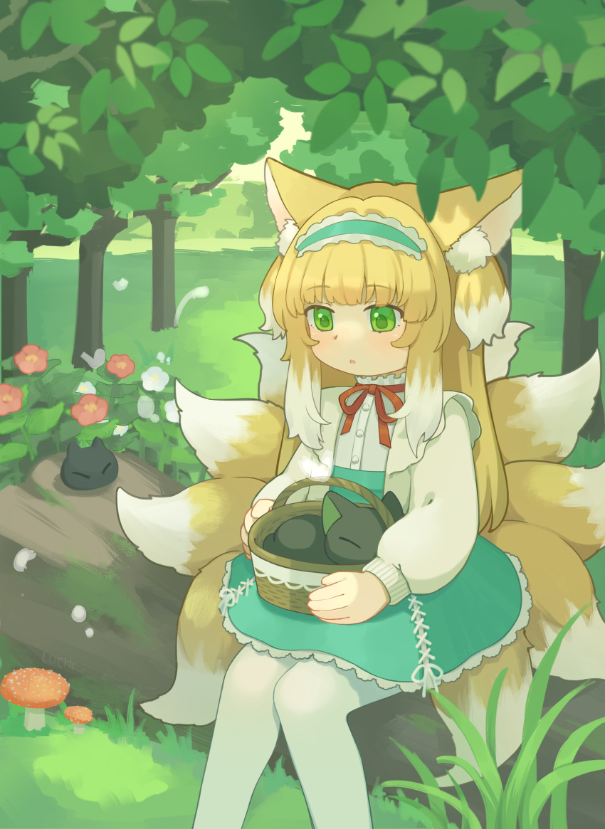 1girl absurdres animal_ear_fluff animal_ears arknights basket black_cat blonde_hair cardigan cat chinese_commentary colored_tips commentary cross-laced_clothes cross-laced_skirt cross-laced_slit crossover fox_ears fox_girl fox_tail frilled_hairband frills green_eyes green_hairband green_skirt hairband heixiu high-waist_skirt highres in_basket long_sleeves luchiluchi luo_xiaohei luo_xiaohei_zhanji multicolored_hair neck_ribbon official_alternate_costume outdoors pantyhose parted_lips puffy_long_sleeves puffy_sleeves red_ribbon ribbon shirt sitting skirt solo suzuran_(arknights) suzuran_(spring_praise)_(arknights) tail white_cardigan white_hair white_pantyhose white_shirt