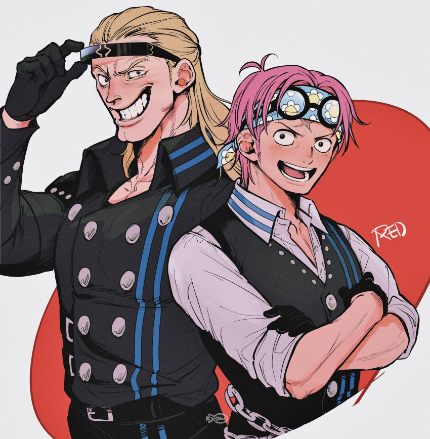 2boys absurdres black_gloves black_vest blonde_hair chain coby_(one_piece) collarbone cross_scar crossed_arms eyewear_on_head glasses gloves hair_slicked_back hairband helmeppo highres kyowo_sukkesuke long_hair long_sleeves looking_at_viewer male_focus marine_uniform_(one_piece) multiple_boys one_piece pink_hair scar shirt short_hair simple_background sleeves_rolled_up smile upper_body vest white_shirt