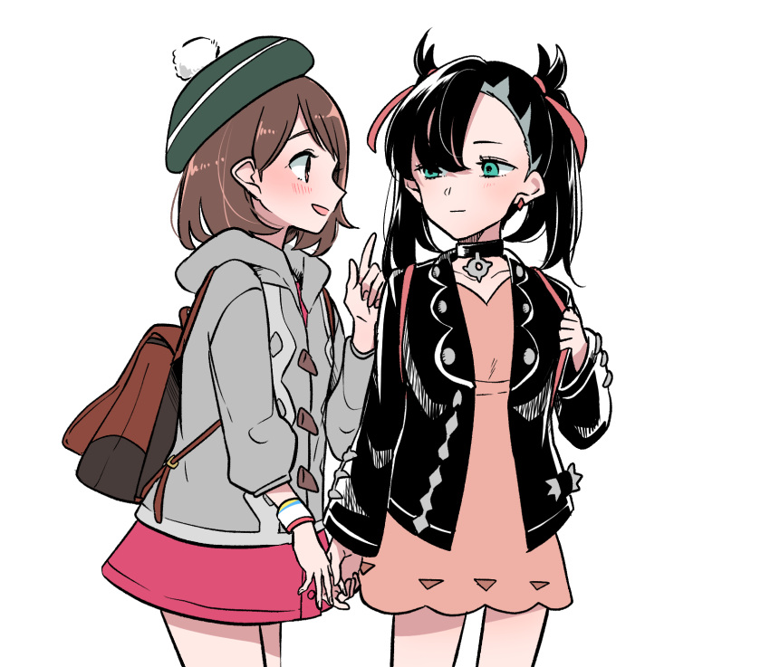 2girls asymmetrical_bangs backpack bag black_hair black_jacket blush bracelet brown_hair cardigan commentary_request cowboy_shot dress expressionless gloria_(pokemon) green_eyes green_headwear grey_cardigan hair_ribbon hat highres holding_hands index_finger_raised jacket jewelry kashikaze long_hair long_sleeves looking_at_another marnie_(pokemon) multiple_girls open_mouth pink_dress pokemon pokemon_(game) pokemon_swsh ribbon short_dress short_hair simple_background smile tam_o'_shanter twintails white_background yuri