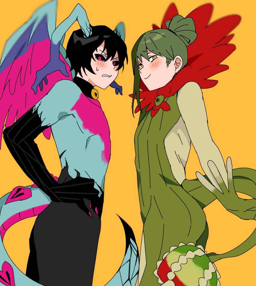2boys black_gloves black_hair black_pants black_sclera blush bodysuit claws clenched_teeth colored_sclera e.g.o_(project_moon) flower folded_ponytail gloves green_bodysuit green_gloves green_hair highres horns library_of_ruina looking_at_viewer mu46016419 multiple_boys netzach_(project_moon) pants pink_eyes porccubus project_moon queen_of_hatred red_flower roland_(library_of_ruina) simple_background sweat tail teeth topless_male white_sleeves wings yellow_background yellow_eyes