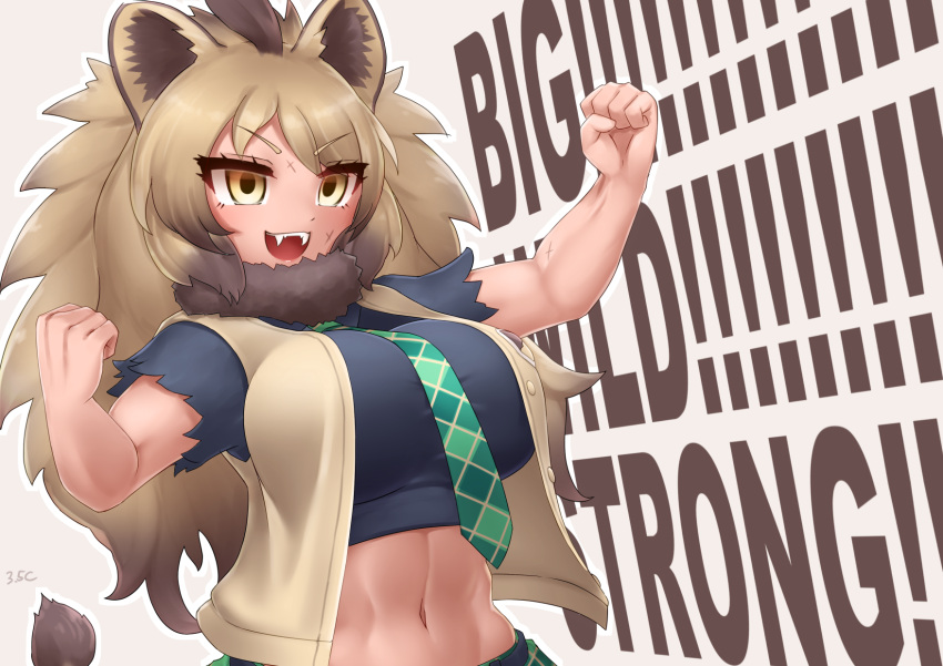 1girl animal_ears arm_up artist_name biceps black_shirt breasts brown_eyes brown_vest buttons cape_lion_(kemono_friends) clenched_hands cropped_torso english_text eyelashes fangs fur_collar green_necktie hand_up highres impossible_clothes impossible_shirt kemono_friends large_breasts light_brown_hair linea_alba lion_ears lion_tail long_hair midriff multicolored_hair muscular muscular_female navel necktie open_clothes open_mouth open_vest parted_bangs plaid_necktie scar scar_on_arm scar_on_cheek scar_on_face shirt short_sleeves skirt smile solo stomach tail tan toned torn_clothes torn_sleeves unbuttoned upper_body very_long_hair vest yellow_eyes yonkuron