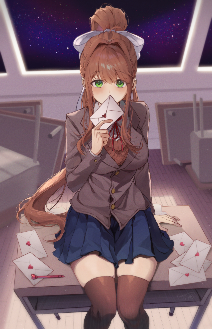 1girl absurdres black_socks black_thighhighs blazer blue_skirt blush bow breasts brown_hair desk doki_doki_literature_club dot_nose feet_out_of_frame from_above green_eyes hair_bow highres holding holding_letter holding_paper jacket large_breasts letter long_hair looking_at_viewer monika_(doki_doki_literature_club) neck_ribbon on_desk onyang paper pen pleated_skirt ponytail ribbon school_desk school_uniform shirt sitting sitting_on_desk skirt socks solo space thighhighs tile_floor tiles white_bow white_ribbon white_shirt