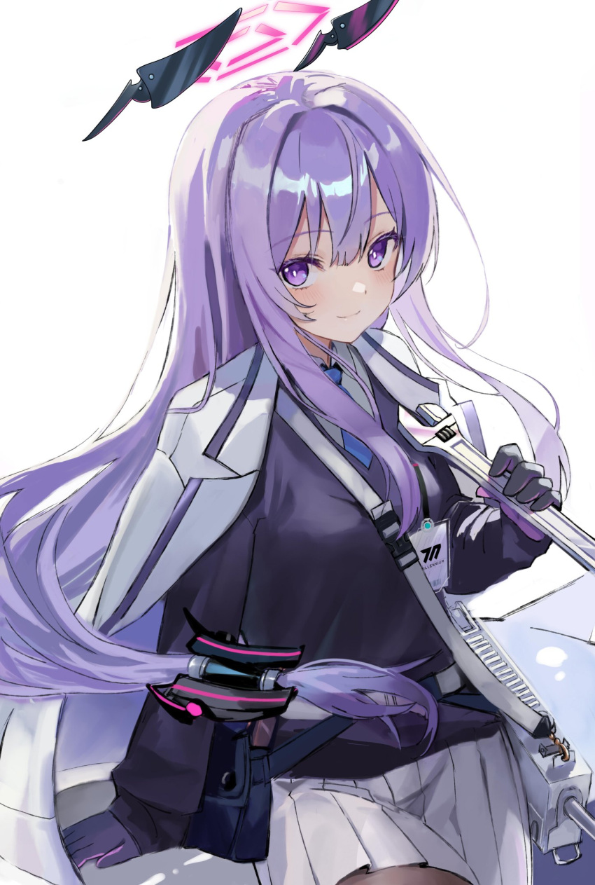 1girl black_sweater blue_archive blue_necktie blush closed_mouth coat collared_shirt floating_headgear gloves gun halo headgear highres holding holding_wrench id_card jacket jacket_on_shoulders lanyard long_hair looking_at_viewer mac-10/11 necktie pleated_skirt purple_eyes purple_gloves purple_hair saibashi_(develop_komono) school_uniform shirt skirt smile solo submachine_gun sweater upper_body utaha_(blue_archive) very_long_hair weapon white_coat white_shirt white_skirt wrench