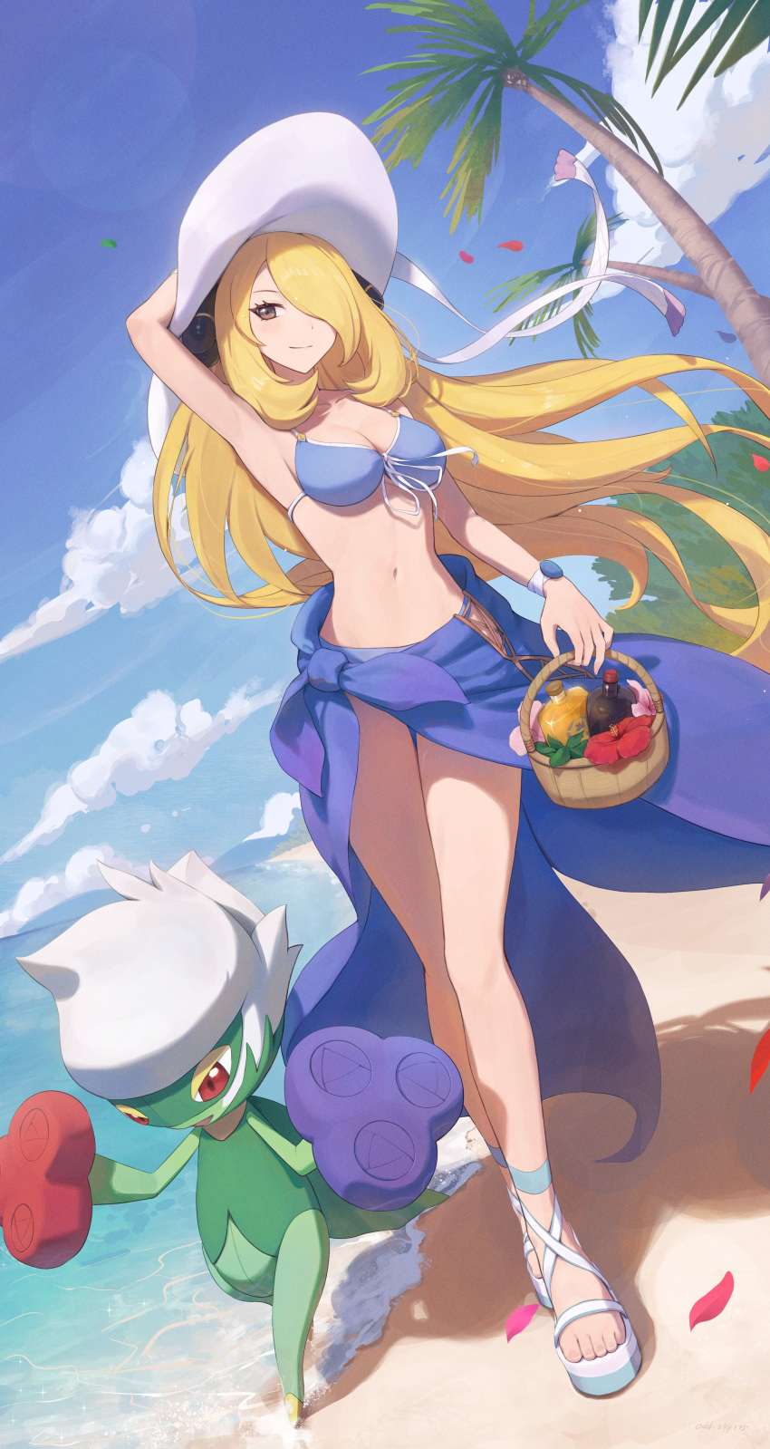 1girl absurdres alternate_costume arm_up basket bikini blonde_hair breasts cleavage closed_mouth cloud commentary_request cynthia_(pokemon) day eyelashes falling_petals floating_hair hair_over_one_eye hat highres holding holding_basket long_hair navel odd_(hin_yari) outdoors palm_tree petals pokemon pokemon_(creature) pokemon_(game) pokemon_dppt roserade sand sarong shore sky smile standing sun_hat swimsuit toes tree water white_headwear
