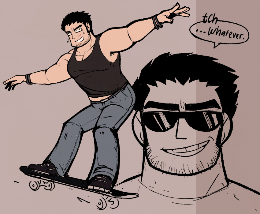 1boy absurdres armpit_hair armpit_hair_peek bara beard_stubble black_hair black_tank_top doodle_inset dots_(dotssu) english_text facing_viewer full_body grin highres huge_eyebrows large_pectorals light_blush looking_at_viewer lucas_lee male_focus midriff_peek muscular muscular_male official_style outstretched_arms pectoral_cleavage pectorals projected_inset scott_pilgrim_takes_off shirt short_hair sidepec skateboarding smile speech_bubble spread_arms sunglasses tank_top tight_clothes tight_shirt