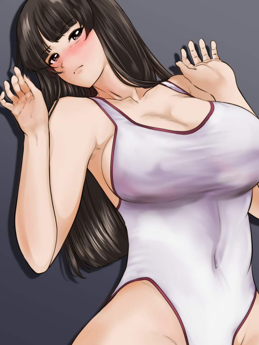 1girl black_hair blunt_bangs blush breasts covered_nipples girls_und_panzer grey_background highres large_breasts long_hair mature_female nipples nishizumi_shiho one-piece_swimsuit paid_reward_available simple_background swimsuit white_one-piece_swimsuit yoyokkun