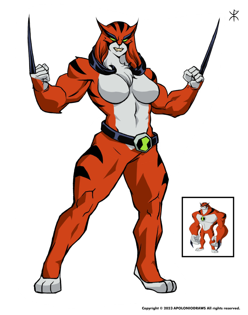 1girl absurdres angry apoloniodraws belt ben_10 black_fur breasts claw_(weapon) cleavage flexing furry furry_female genderswap genderswap_(mtf) green_eyes highres muscular muscular_female omnitrix orange_hair rath_(ben_10) short_hair striped tiger weapon