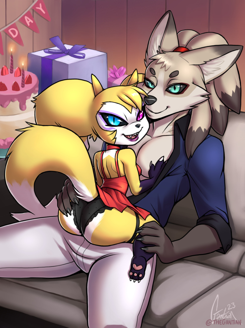 anthro asian_mythology bandai_namco birthday birthday_cake black_clothing black_panties black_underwear bottomwear cake candle canid canine choker clothed clothing dark_sclera dessert digimon digimon_(species) dress dress_shirt duo east_asian_mythology female food fox furniture genji gift hand_on_butt hand_on_chest hi_res hybrid imp impmon japanese_mythology jewelry larger_male larger_male_smaller_female looking_at_viewer looking_back male male/female mammal mythology necklace open_clothing open_shirt open_topwear panties pants pawpads pecs red_clothing red_dress renamon renimpmon renimpmon_x shirt short_stack sitting sitting_on_another size_difference smaller_female sofa straddling thegantian topwear underwear white_bottomwear white_clothing white_pants yokai