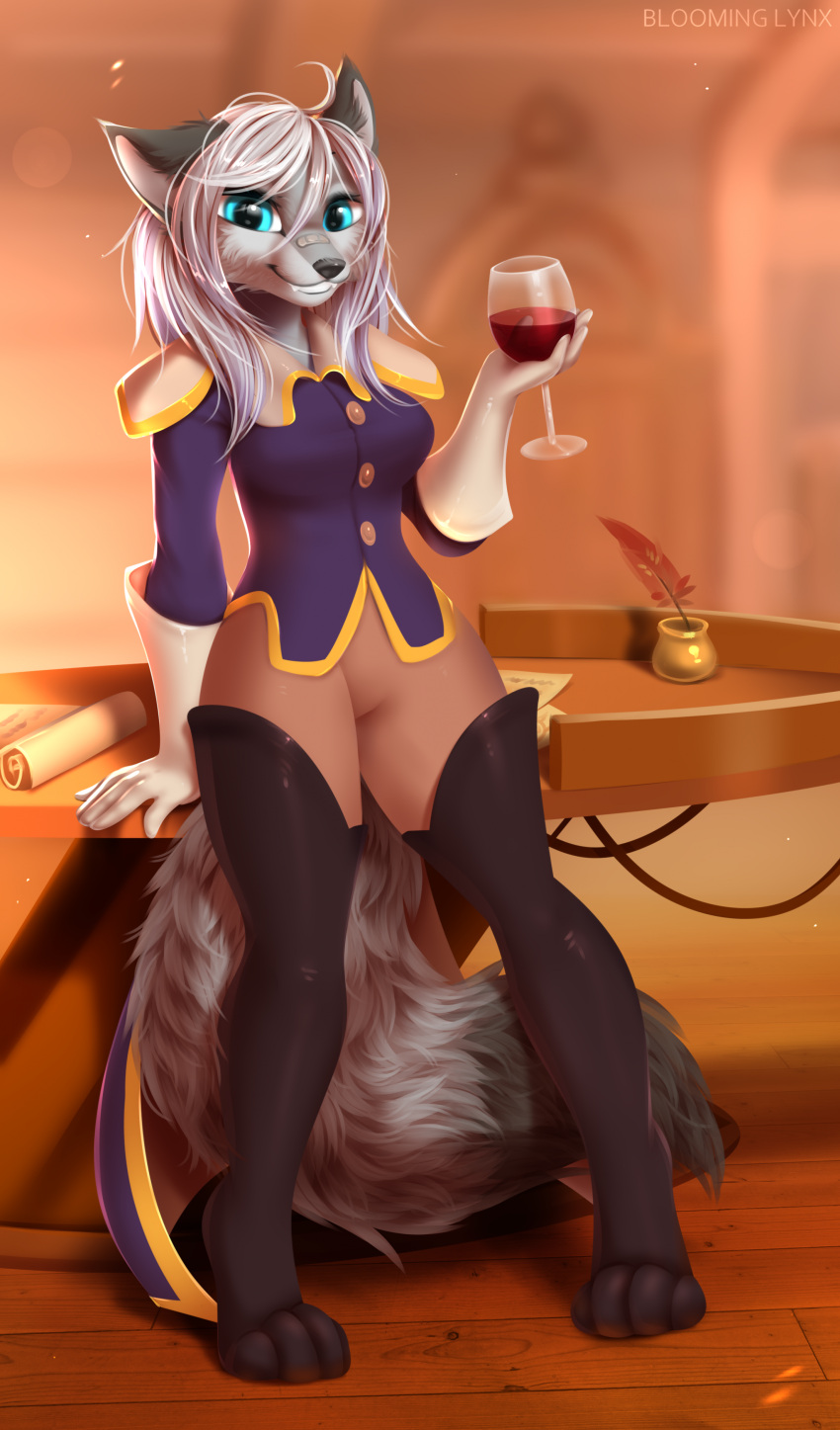absurd_res alcohol anthro artist_name beverage black_nose bloominglynx blue_eyes brown_clothing brown_legwear cheek_tuft clothed clothing facial_tuft fangs female full-length_portrait fur glistening glistening_eyes grey_body grey_fur grin hair hi_res holding_wine_glass legwear looking_at_viewer loose_feather portrait purple_clothing purple_topwear quill smile solo standing teeth topwear tuft white_hair wine