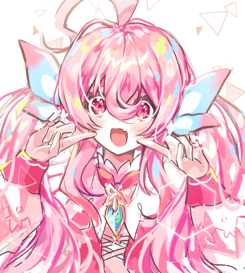 ahoge blue_bow blue_gemstone blush bow colorful dress elsword fingersmile gem hair_bow happy highres laby_(elsword) long_hair long_sleeves looking_at_viewer low_twintails open_mouth pink_bow pink_dress pink_eyes pink_hair puffy_long_sleeves puffy_sleeves radiant_soul_(elsword) sidelocks simple_background smile tkylv1683 twintails two-tone_bow upper_body very_long_hair white_background