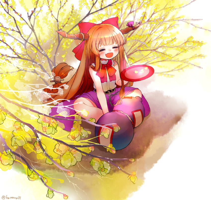 1girl absurdres alcohol blue_ribbon blush bow closed_eyes cup fang gourd hair_bow highres holding holding_cup horn_ornament horn_ribbon horns ibuki_suika long_hair oni_horns open_mouth orange_hair purple_skirt red_bow ribbon ryuuta_(akatukiryoka) sakazuki sake shirt skin_fang skirt smile solo torn_clothes torn_sleeves touhou twitter_username white_shirt