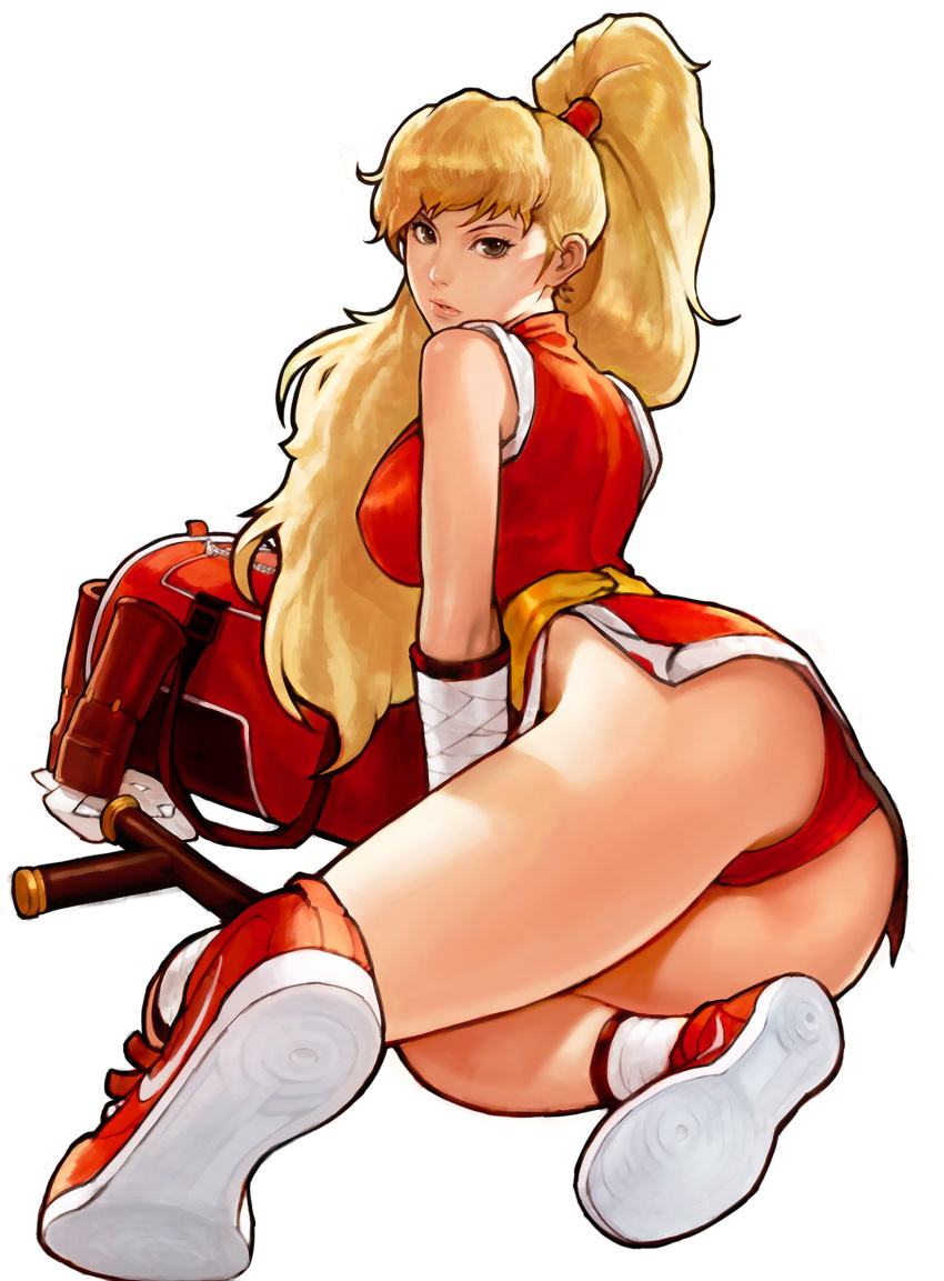 absurdres bag blonde_hair duffel_bag genryuusai_maki highres kim_sung_hwan ponytail shoes sneakers street_fighter tonfa weapon