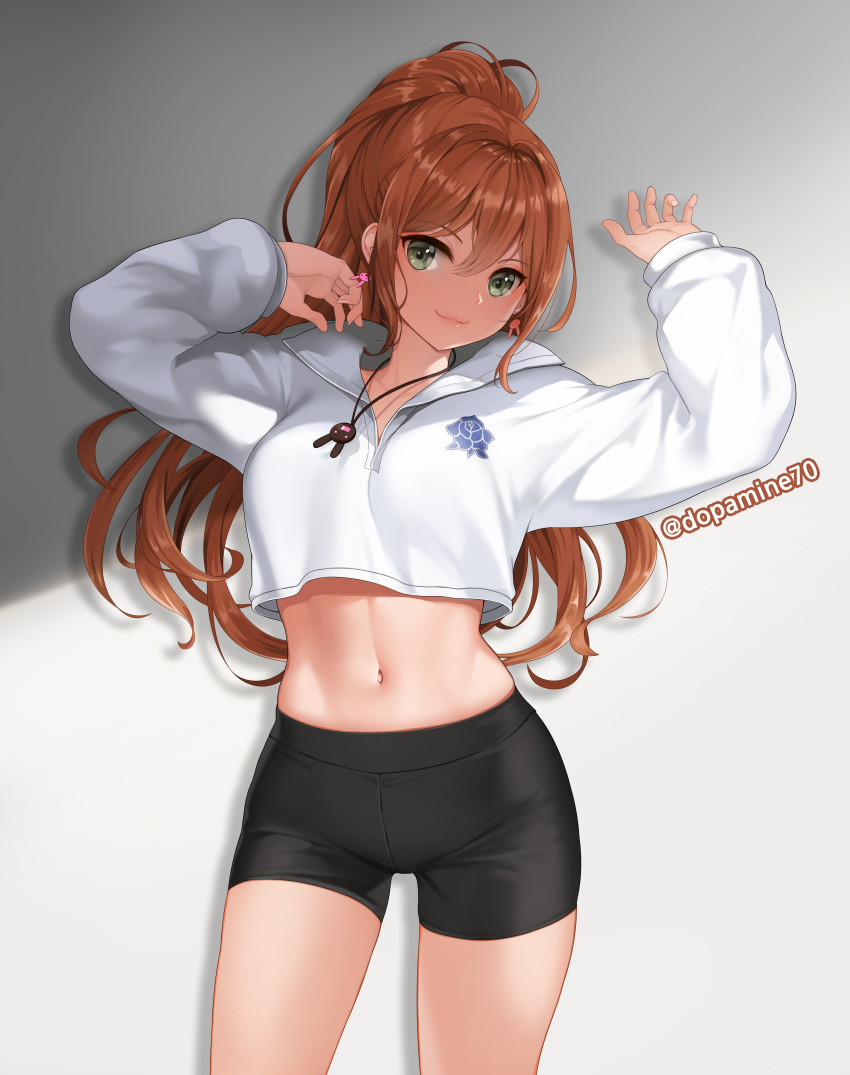 1girl :3 absurdres bang_dream! bike_shorts black_shorts blush breasts brown_hair closed_mouth commentary cowboy_shot crop_top crop_top_overhang crotch_seam dopamine70 drop_shadow earrings green_eyes grey_background groin hair_between_eyes hair_intakes hands_up highres imai_lisa jacket jewelry long_hair long_sleeves looking_at_viewer medium_breasts midriff navel necklace painttool_sai_(medium) photoshop_(medium) ponytail rabbit_earrings revision shadow shorts sidelocks simple_background smile solo standing stomach thighs toned twitter_username white_jacket wing_collar