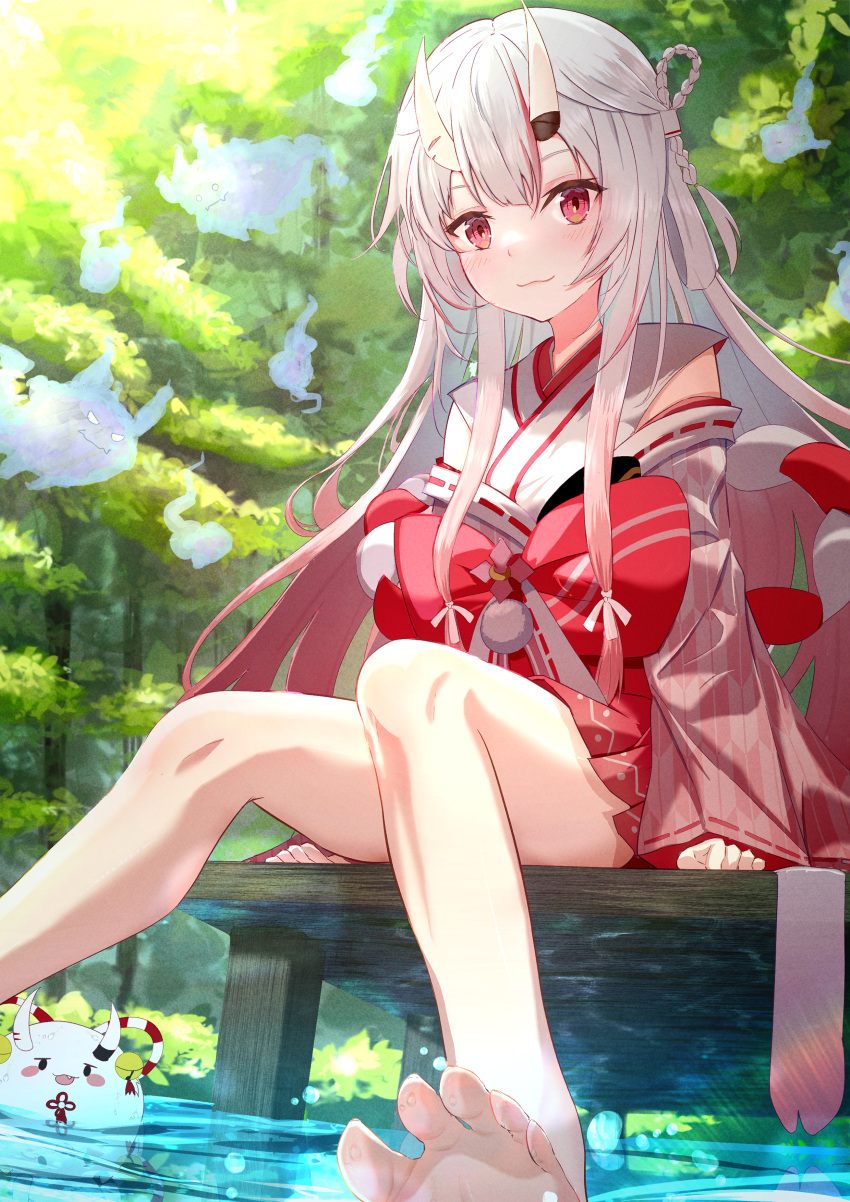 1girl absurdres barefoot blush braid day feet foot_out_of_frame gradient_hair highres hihi_(oekakihix) hololive horns japanese_clothes legs long_hair long_sleeves looking_at_viewer multicolored_hair nakiri_ayame nakiri_ayame_(6th_costume) oni oni_horns outdoors poyoyo_(nakiri_ayame) red_eyes red_hair sitting spread_toes streaked_hair sunlight toes tree virtual_youtuber water white_hair