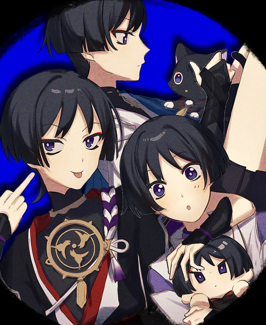 3boys :o animal armor black_hair cat character_doll closed_mouth commentary_request dual_persona eyeshadow genshin_impact highres japanese_armor japanese_clothes kote kurokote looking_at_viewer makeup male_focus middle_finger multiple_boys n_ano parted_lips purple_eyes red_eyeshadow scaramouche_(cat)_(genshin_impact) scaramouche_(genshin_impact) scaramouche_(kabukimono)_(genshin_impact) simple_background tassel tongue tongue_out wanderer_(genshin_impact)