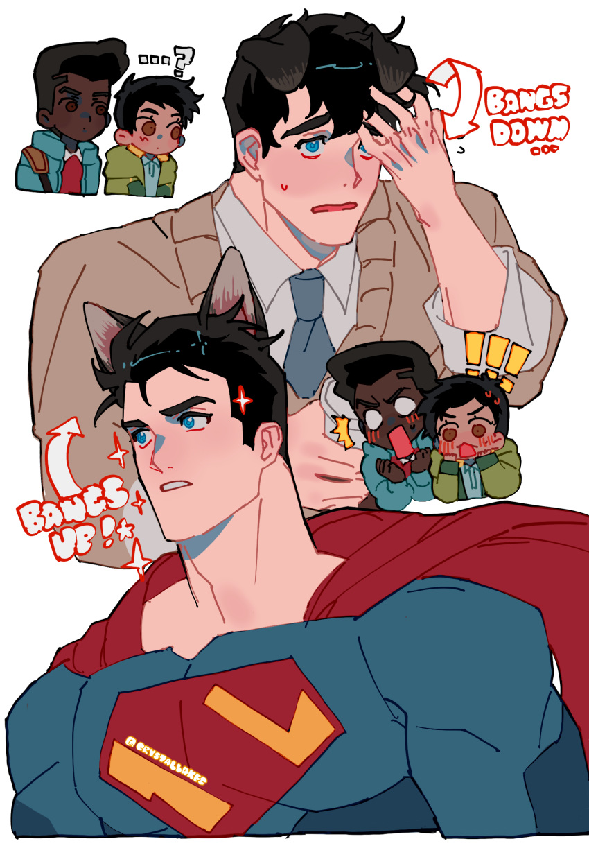 ! !! 1girl 2boys ? animal_ears black_hair blue_bodysuit blue_eyes blue_jacket blush bodysuit brown_sweater cape clark_kent collared_shirt crystallakec dark-skinned_male dark_skin dc_comics dog_boy dog_ears english_text green_jacket highres jacket jimmy_olsen large_pectorals lois_lane multiple_boys muscular muscular_male my_adventures_with_superman necktie open_clothes open_jacket open_mouth pectorals red_cape shirt short_hair superman superman_(series) sweater white_shirt