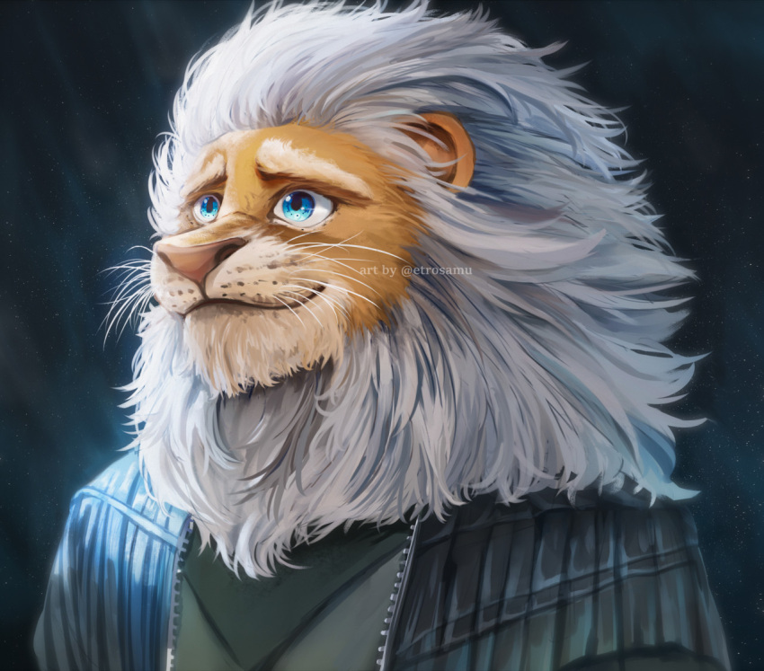 anthro blue_eyes bodily_fluids clay_calloway_(sing) clothing crying etrosamu eyebrows felid illumination_entertainment jacket leather leather_clothing lion male mammal pantherine sing_(movie) solo tears tears_of_joy thick_eyebrows topwear watermark whiskers