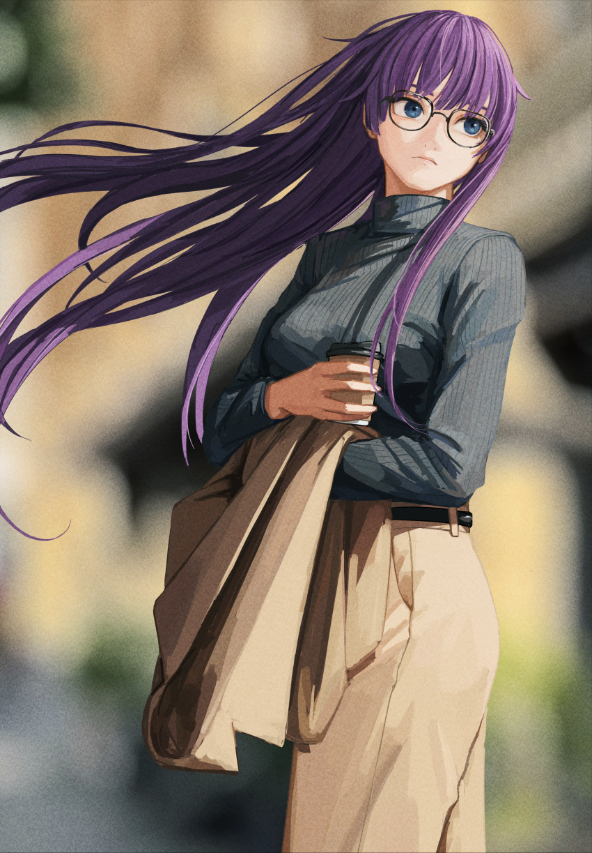 1girl absurdres alternate_costume belt black_belt blue_eyes brown_jacket brown_pants closed_mouth coffee_cup cup disposable_cup glasses grey_sweater highres holding holding_cup jacket monogatari_(series) nemo_ringo pants purple_hair senjougahara_hitagi solo sweater turtleneck turtleneck_sweater