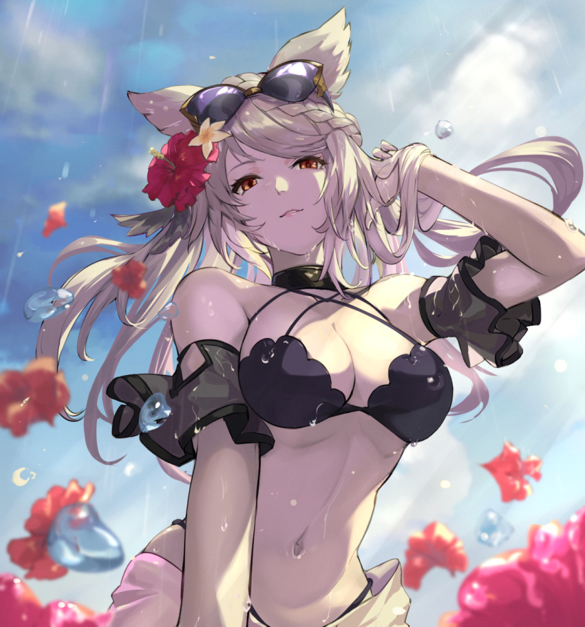 1girl animal_ears armband bikini black_armband black_bikini blue_sky braid braided_bangs breasts brown_eyes cleavage cloud commentary day erune eyewear_on_head flower fraux fraux_(billowing_ocean_bloom)_(granblue_fantasy) frilled_armband frills granblue_fantasy grey_hair hair_flower hair_ornament hand_in_own_hair highres medium_breasts navel nos official_alternate_costume parted_lips rain sarong sky solo sunglasses swept_bangs swimsuit upper_body