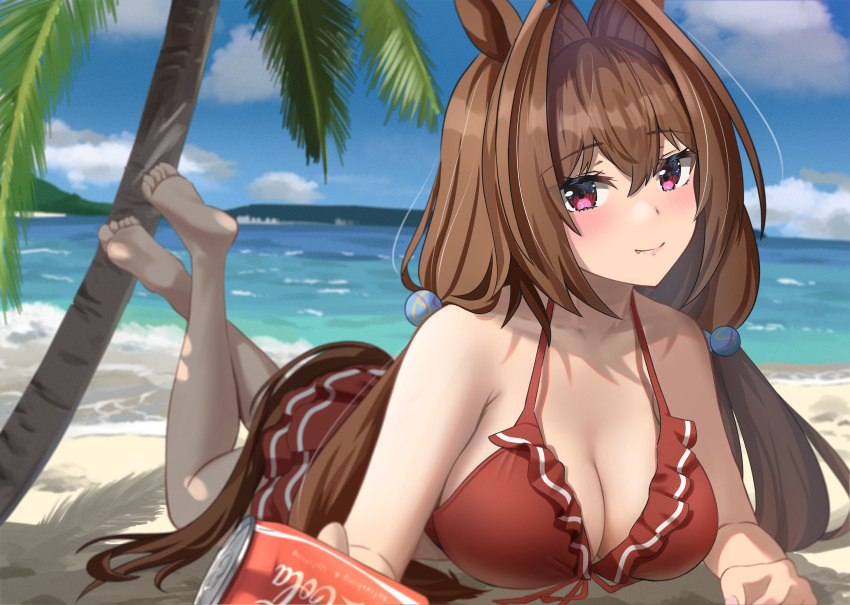 1girl absurdres aimi_(tikichin0229) animal_ears antenna_hair barefoot beach bikini bikini_skirt blue_sky blush breasts brown_hair can cleavage cloud cloudy_sky coca-cola commentary_request daiwa_scarlet_(trifle_vacation)_(umamusume) daiwa_scarlet_(umamusume) fang feet_up frilled_bikini frills hair_between_eyes hair_intakes highres holding holding_can horse_ears horse_girl horse_tail looking_at_viewer low_twintails lying medium_breasts ocean official_alternate_costume official_alternate_hairstyle on_stomach outdoors palm_tree pink_eyes red_bikini sky smile soda_can solo swimsuit tail the_pose tree twintails umamusume umamusume_summer_story_(umamusume)