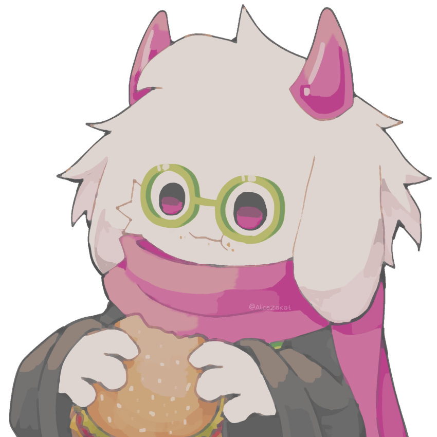 1boy :t alicezakat animal_ears artist_name black_shirt body_fur burger chewing child commentary crumbs deltarune eating english_commentary food food_bite food_on_face furry furry_male glasses goat_boy goat_ears green-framed_eyewear hands_up highres holding holding_food long_sleeves male_child male_focus pince-nez pink_horns pink_scarf purple_eyes ralsei round_eyewear scarf shirt signature simple_background solo standing twitter_username upper_body white_background white_fur wide_sleeves