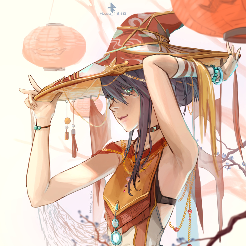 1girl aqua_eyes armpits bead_bracelet beads black_hair bracelet breasts choker grey_hair hair_bun halloween hat highres jewelry lantern original paper_lantern rh_1610 simple_background small_breasts smile solo twig upper_body white_background white_hair witch witch_hat