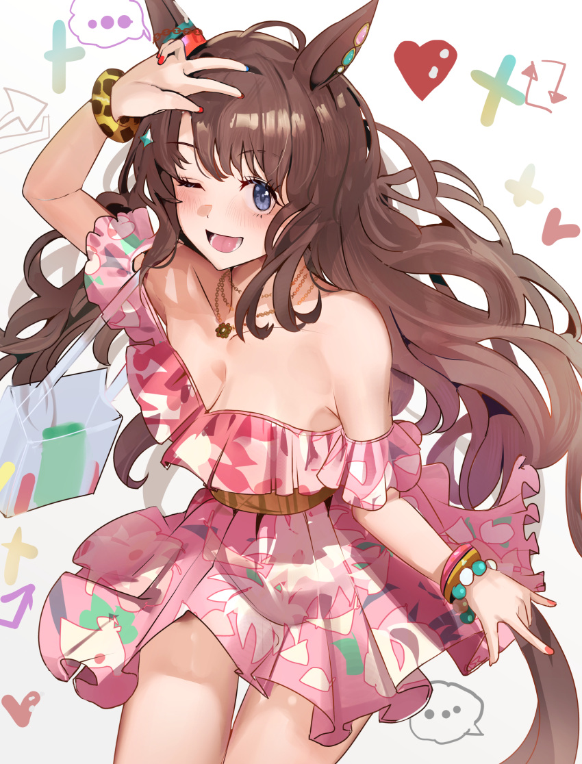 #summer_#besties_(umamusume) ... 1girl \m/ animal_ears bag bare_shoulders breasts brown_hair cleavage commentary_request cowboy_shot dress ear_ornament ear_piercing heart highres horse_ears horse_girl horse_tail jewelry looking_at_viewer medium_breasts multicolored_nails multiple_bracelets necklace off-shoulder_shirt off_shoulder official_alternate_costume official_alternate_hairstyle one_eye_closed open_mouth piercing pink_dress purple_eyes shirt shoulder_bag smile solo solokitsune tail tosen_jordan_(aurore_vacances)_(umamusume) tosen_jordan_(umamusume) transparent_bag umamusume w