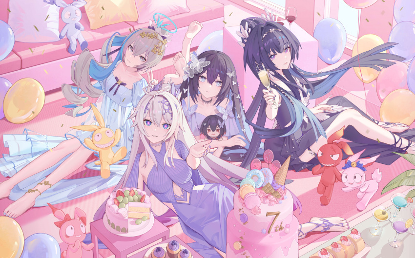 4girls absurdres ai_dongdong alternate_costume anklet balloon bare_shoulders barefoot black_hair blue_dress blue_eyes blue_hair bronya_zaychik bronya_zaychik_(herrscher_of_truth) cake closed_mouth couch cup doll dress drinking_glass english_commentary feet food full_body grey_eyes grey_hair hair_between_eyes hair_ornament highres hola_(honkai_impact) holding holi_(honkai_impact) homei_(honkai_impact) homi_(honkai_impact) homu_(honkai_impact) honkai_(series) honkai_impact_3rd jewelry kiana_kaslana kiana_kaslana_(herrscher_of_finality) long_hair looking_at_viewer multiple_girls nail_polish open_mouth purple_dress purple_eyes purple_hair raiden_mei raiden_mei_(herrscher_of_origin) seele_vollerei seele_vollerei_(herrscher_of_rebirth) sitting sleeveless sleeveless_dress smile toenail_polish toenails toes wine_glass