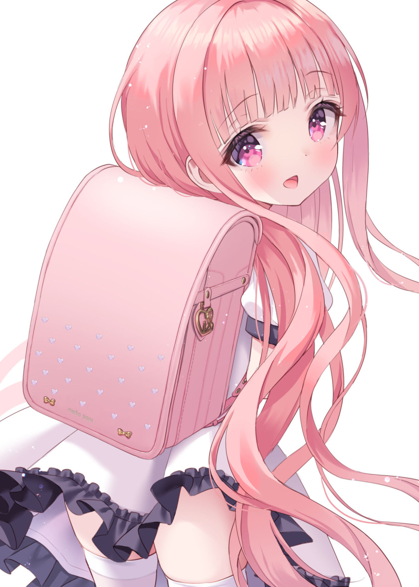 1girl :d backpack bag blush chitosezaka_suzu commentary_request dress frilled_dress frills from_behind hakamada_hinata highres long_hair looking_at_viewer looking_back pink_hair pleated_dress puffy_short_sleeves puffy_sleeves purple_eyes randoseru rou-kyuu-bu! short_sleeves simple_background smile solo thighhighs very_long_hair white_background white_dress white_thighhighs