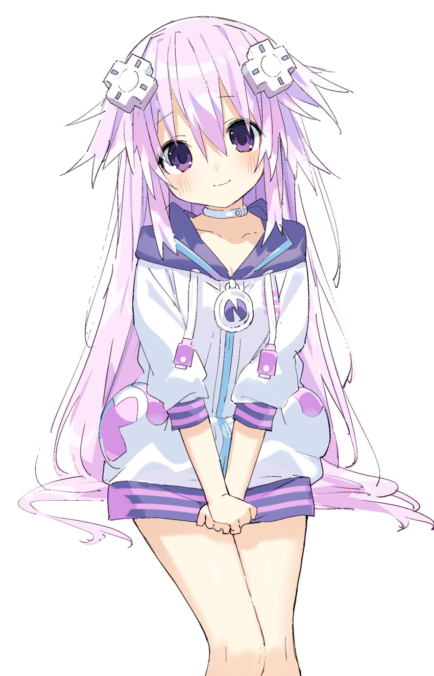 1girl absurdres adult_neptune blush bubun_oo choker cosplay d-pad d-pad_hair_ornament hair_ornament highres hood hooded_jacket jacket long_hair looking_at_viewer neptune_(neptune_series) neptune_(neptune_series)_(cosplay) neptune_(series) nervous_smile no_bra off_shoulder purple_eyes purple_hair sitting smile solo very_long_hair white_choker white_jacket