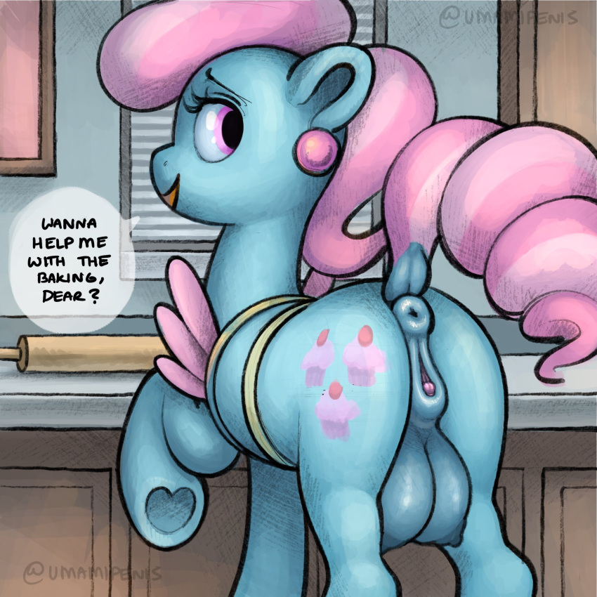 1:1 anus baking blue_body clitoral_winking clitoris crotch_breasts cutie_mark dialogue ear_piercing ear_ring english_text equid equine female feral friendship_is_magic genitals hasbro hi_res horse kitchen mammal mrs._cake_(mlp) my_little_pony piercing pink_eyes pony puffy_anus pussy ring_piercing solo talking_to_viewer text umamipenis