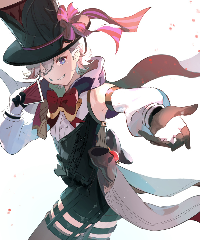 1boy absurdres armpits bishounen blouse bow bowtie cowboy_shot genshin_impact gloves hair_over_one_eye hat highres lyney_(genshin_impact) male_focus reaching reaching_towards_viewer shirt short_hair sleeveless solo teardrop_tattoo top_hat yu_no6767