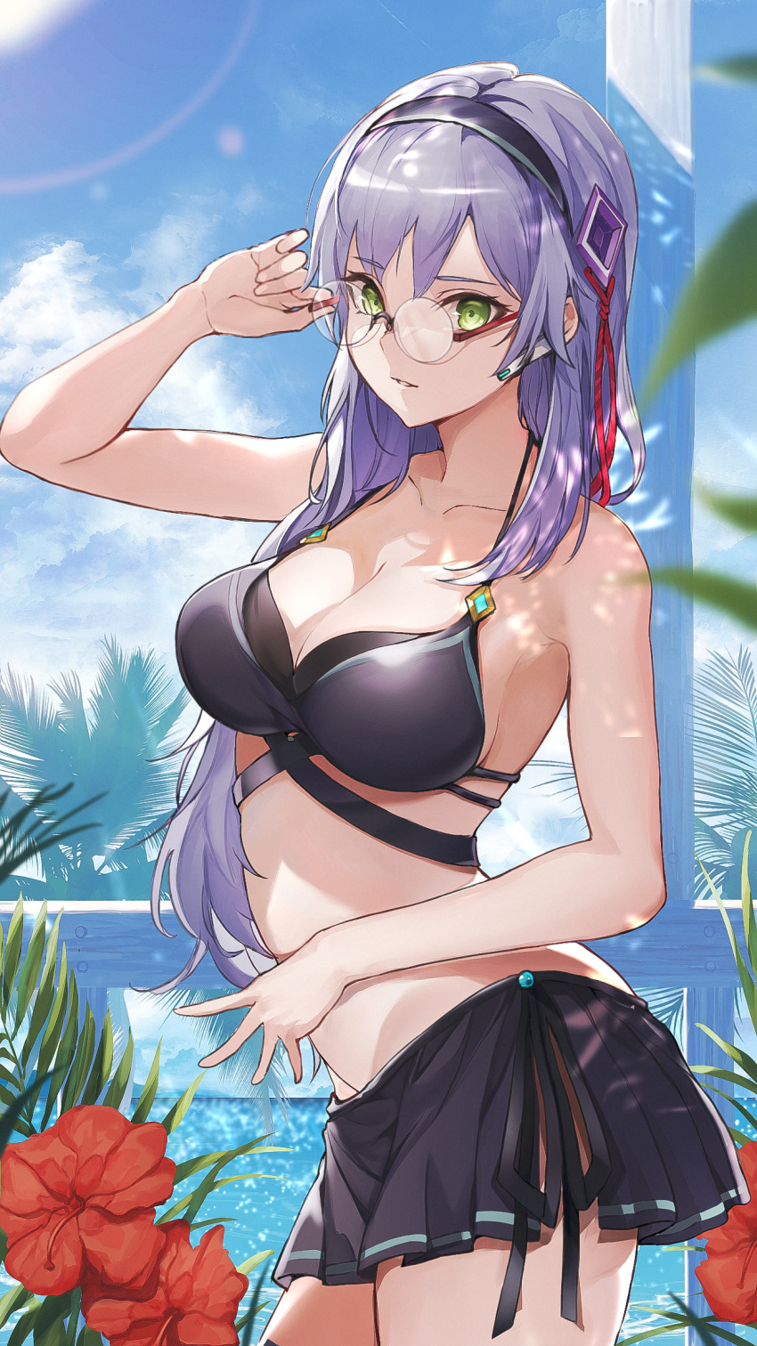 1girl bare_arms bare_shoulders bikini black_bikini black_skirt blue_sky breasts character_request cleavage cloud commentary_request cowboy_shot day flower glasses green_eyes hairband heaven_burns_red highres large_breasts looking_at_viewer marumoru miniskirt parted_lips purple_hair red_flower round_eyewear skirt sky solo standing stomach swimsuit thighs