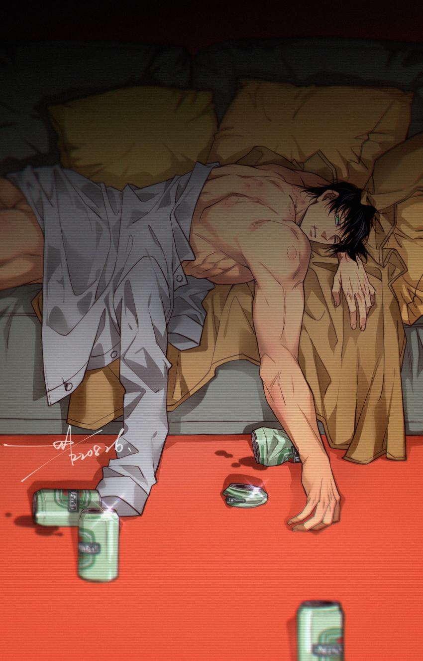 1boy alcohol bara bed bite_mark black_hair can fushiguro_touji green_eyes highres jujutsu_kaisen large_pectorals lying male_focus muscular muscular_male naked_shirt on_bed on_stomach one_eye_closed pectorals sashiyu scar scar_on_face scar_on_mouth shirt short_hair solo white_shirt