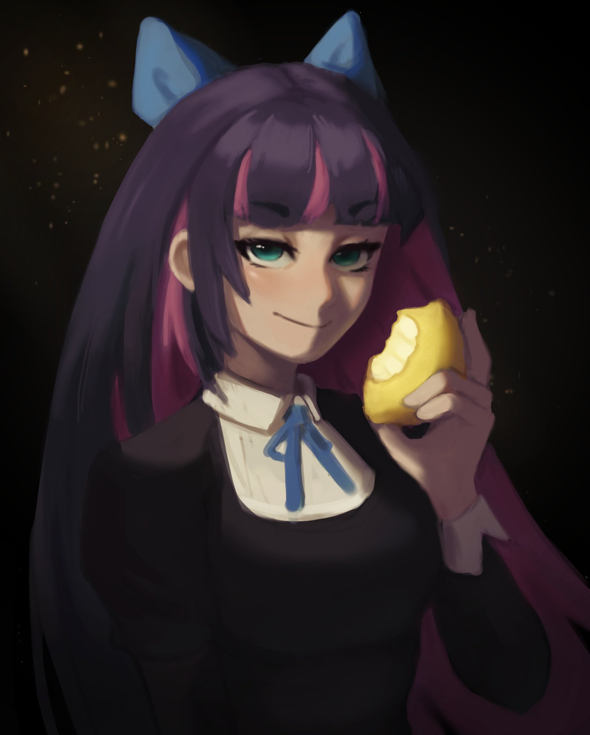 1girl absurdres black_dress black_hair blue_hair blue_ribbon bow breasts dress food fruit green_eyes hair_bow hexlaze highres holding holding_food holding_fruit large_breasts lemon long_hair looking_at_viewer neck_ribbon panty_&amp;_stocking_with_garterbelt pink_hair ribbon smile solo stocking_(psg) upper_body