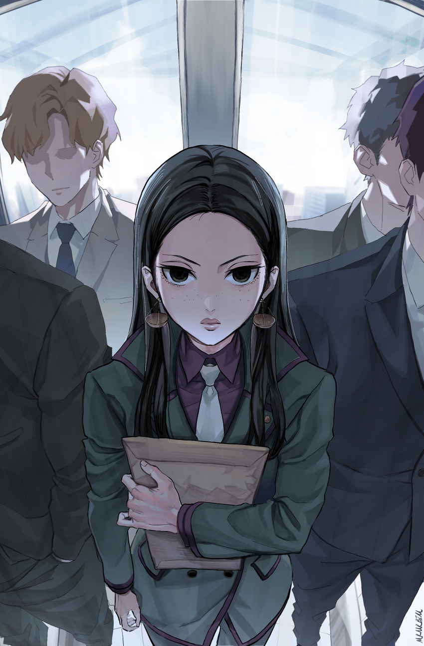 1girl absurdres ace_attorney ace_attorney_investigations ace_attorney_investigations:_miles_edgeworth black_eyes black_hair black_jacket blonde_hair callisto_yew closed_mouth collared_shirt commentary commission earrings english_commentary envelope freckles from_above green_jacket green_pants highres holding holding_envelope indoors jacket jewelry long_hair long_sleeves looking_at_viewer maro_(mrmrbim) necktie pants people shirt skeb_commission standing suit white_necktie white_shirt
