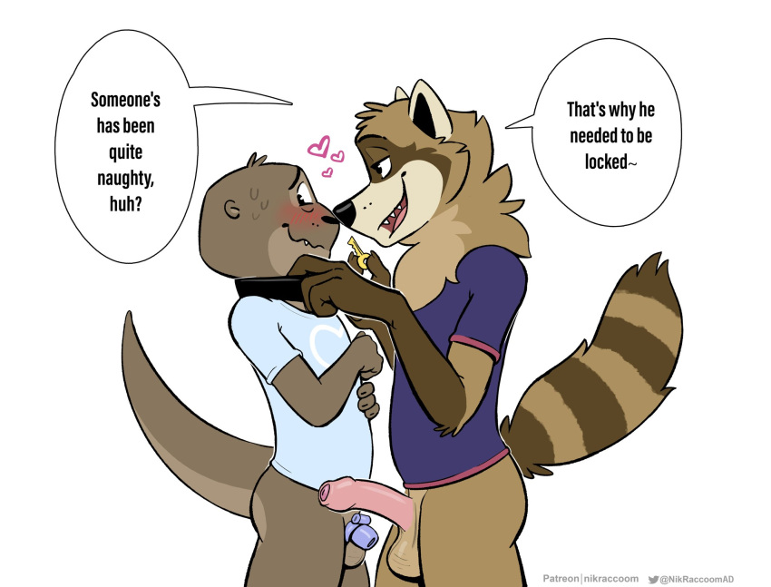 anthro balls blush bottomless chastity_cage chastity_device clothed clothing dialogue duo english_text felix_(nik159) foreskin genitals hi_res humanoid_genitalia humanoid_penis key male male/male mammal mustelid nik_(nik159) nikraccoom otter penis procyonid raccoon simple_background text white_background