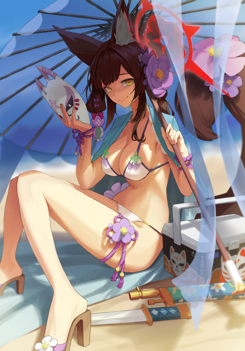 1girl absurdres animal_ear_fluff animal_ears beach bead_bracelet beads bikini blue_archive blunt_bangs bracelet brown_hair cooler flower fox_ears fox_girl fox_mask fox_tail gstiyl hair_flower hair_ornament halo high_heels highres holding holding_mask holding_umbrella jewelry looking_at_viewer mask shoe_flower sitting smile solo string_bikini swimsuit sword tail tail_flower tail_ornament thigh_strap umbrella wakamo_(blue_archive) weapon white_bikini yellow_eyes