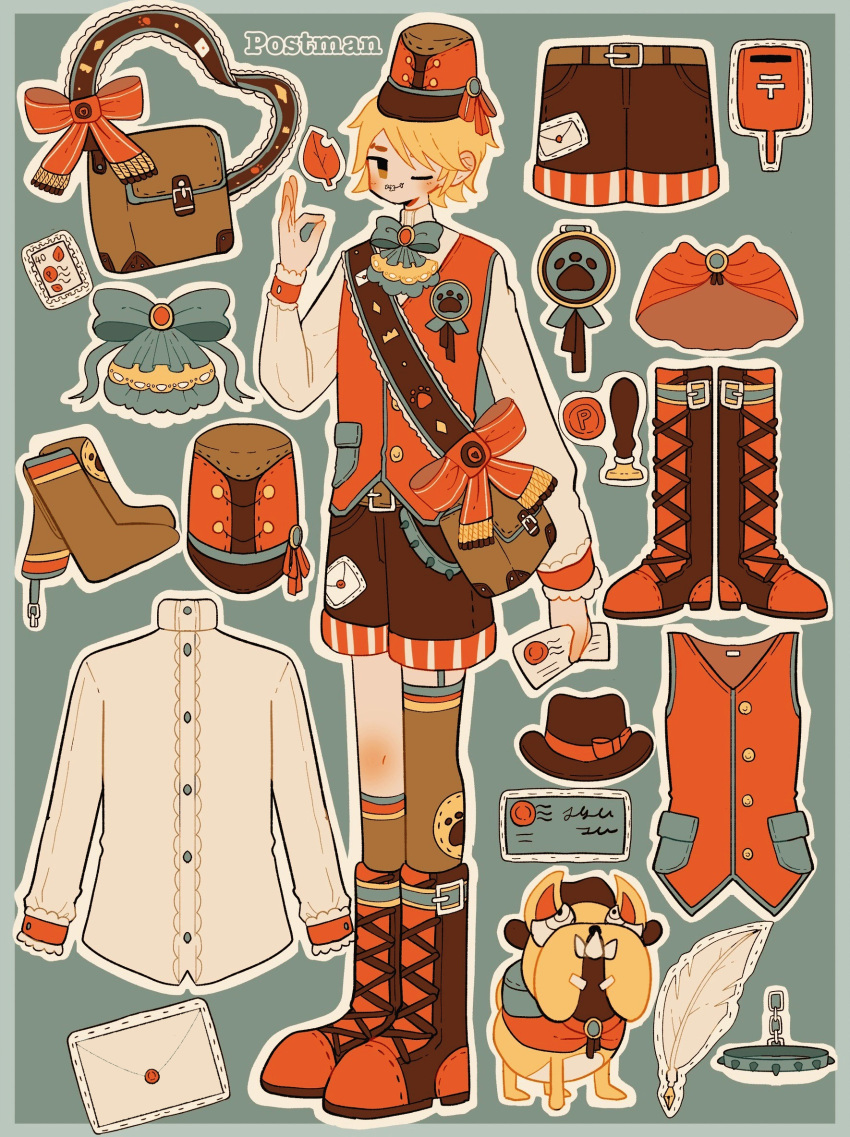 1boy alternate_costume autumn_leaves belt blonde_hair blue_background blue_border blue_bow boots border bow brooch brown_bag brown_belt brown_footwear brown_headwear brown_shorts brown_socks brown_thighhighs buttons capelet character_name cross-laced_footwear dog feathers frilled_sleeves frills full_body garter_straps hat hat_bow hat_ribbon high_collar highres holding holding_letter identity_v jewelry kneehighs lace-up_boots letter male_focus ok_sign one_eye_closed outline outside_border paw_print postage_stamp red_bow red_capelet red_ribbon red_vest ribbon sash shirt short_hair shorts single_garter_strap socks solo stitched_mouth stitches thighhighs vest victor_grantz wax_seal wax_stamp white_outline white_shirt whybe123 wick_(identity_v)