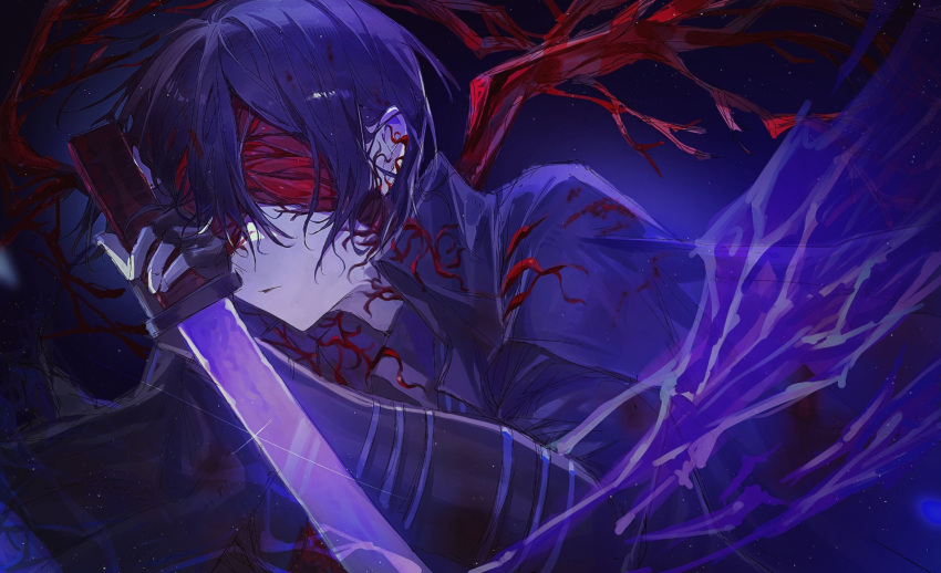 1boy black_gloves black_hair blindfold blood blue_cape cape closed_mouth dagger e.g.o_(project_moon) facing_viewer fingerless_gloves flesh gloves hair_between_eyes hand_up highres holding holding_dagger holding_knife holding_weapon knife limbus_company male_focus portal_(object) project_moon solo sona_(lnjixn) vambraces veins weapon wings yi-sang_(limbus_company)