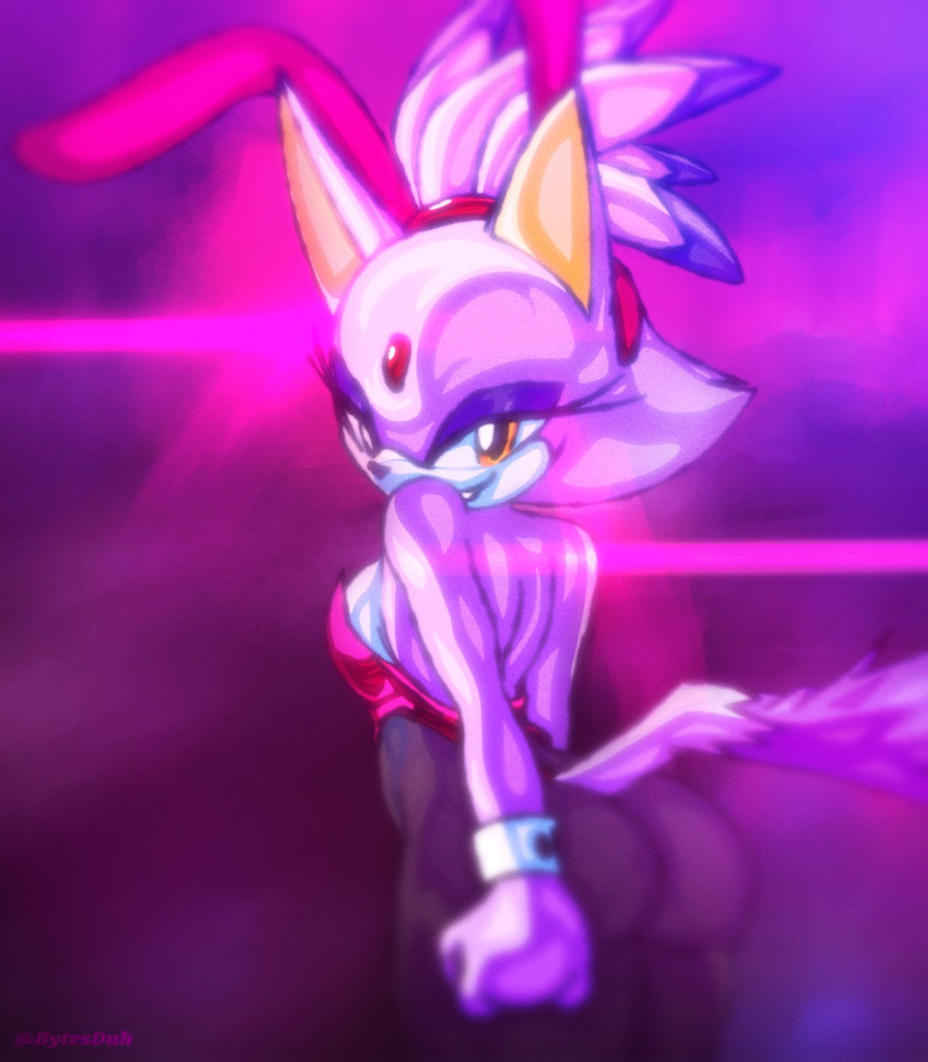 anthro big_butt blaze_the_cat breasts butt bytesduh domestic_cat felid feline felis female hi_res looking_at_viewer mammal playboy_bunny sega side_boob solo sonic_the_hedgehog_(series) yellow_eyes