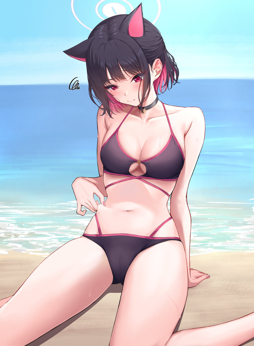 1girl absurdres animal_ears aoi_riko beach bikini black_bikini black_choker black_hair blue_archive blush breasts choker cleavage closed_mouth commentary_request day halo highres kazusa_(blue_archive) ocean outdoors pinching pink_hair red_eyes short_hair sitting solo squiggle swimsuit wet wet_hair