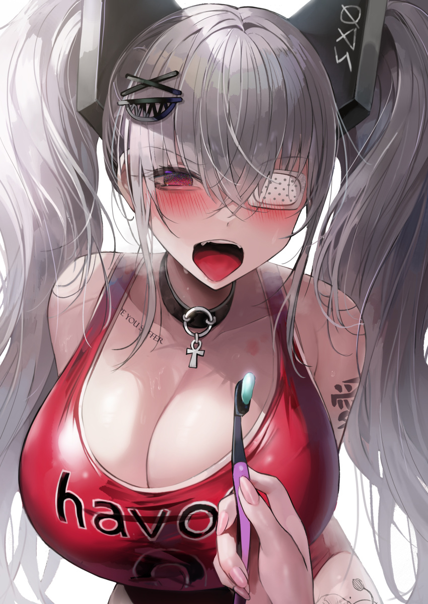 1girl absurdres animal_ears ankh arms_behind_back bandages bare_shoulders blush breasts cleavage collar collarbone crazy crossed_bangs empty_eyes english_text eyepatch fangs grey_hair hair_between_eyes hair_ornament havoc-chan highres jersey large_breasts leaning_forward long_hair open_mouth original pov pov_hands red_eyes red_shirt shirt simple_background suou-sensei tank_top tattoo taut_clothes taut_shirt toothbrush toothpaste twintails upper_body white_background yami_kawaii yandere