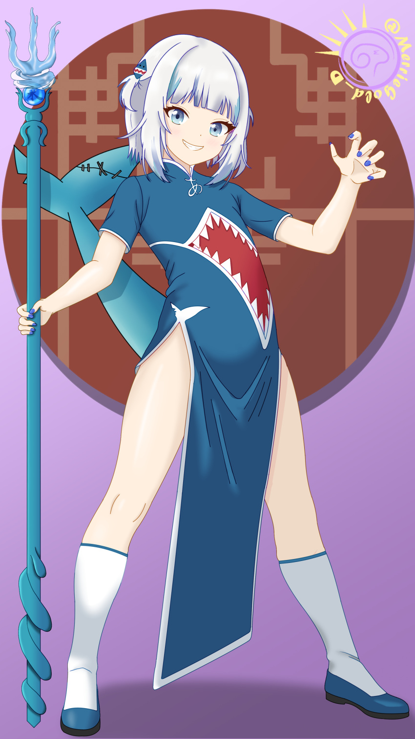 1girl absurdres artist_name bare_legs blue_eyes blue_footwear blue_hair blue_nails blunt_bangs china_dress chinese_clothes dress fins fish_tail gawr_gura hair_ornament high_heels highres holding_trident hololive hololive_english merriegold_d multicolored_hair polearm pumps shark_girl shark_hair_ornament shark_tail shirt short_hair short_sleeves smile solo streaked_hair tail trident virtual_youtuber weapon white_shirt