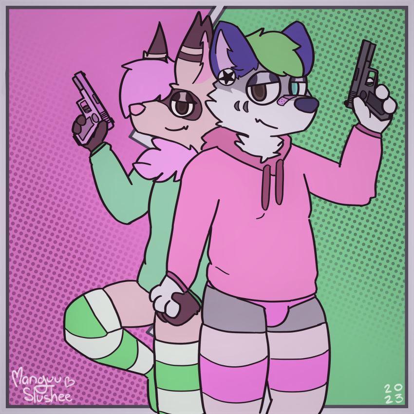 absurd_res andy_(manguuslushee) anthro canid canine canis clothing domestic_dog duo facial_markings fennec fox glock green_clothing green_hair green_hoodie green_topwear gun hair halftone halftone_background handgun head_markings hi_res hoodie husky magenta_hair male male/male mammal manguuslushee markings marshal_(character) nordic_sled_dog pattern_background pink_clothing pink_hoodie pink_topwear pistol ranged_weapon simple_background spitz tagme topwear weapon