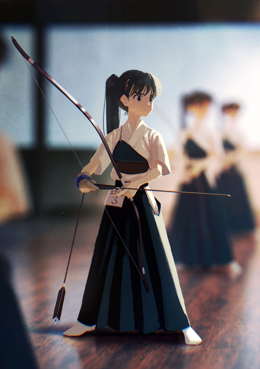 4girls absurdres archery archery_dojo arrow_(projectile) black_eyes black_hair blue_hakama blue_skirt blurry blurry_background blurry_foreground bow_(weapon) closed_mouth commentary competition depth_of_field full_body gloves hair_ornament hairclip hakama hakama_skirt highres holding holding_arrow holding_bow_(weapon) holding_weapon indoors japanese_clothes kunitarou-art kyuudou long_hair looking_to_the_side multiple_girls muneate no_shoes original partially_fingerless_gloves ponytail revision short_sleeves single_glove skirt socks solo_focus weapon wooden_floor yugake
