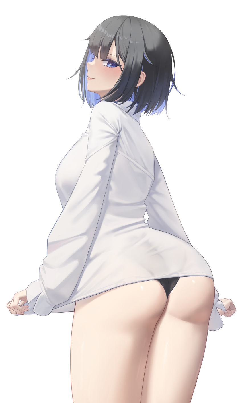 1girl absurdres ass black_hair black_panties black_survival blue_eyes blue_hair blush breasts closed_mouth collared_shirt colored_inner_hair commentary commission debi_(black_survival) eternal_return:_black_survival from_behind highres long_sleeves looking_back multicolored_hair no_pants panties shirt short_hair simple_background smile solo two-tone_hair underwear white_background white_shirt yuzabeecha