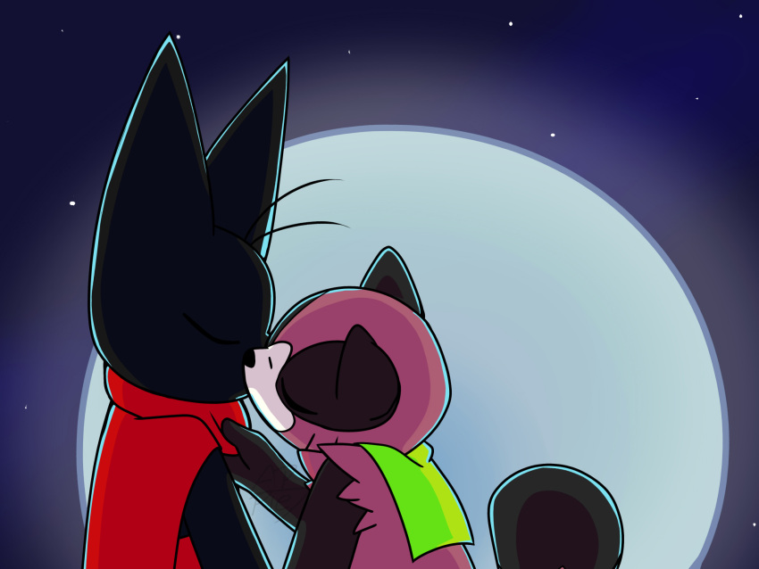 anthro appie4 black_arms black_body black_fur black_nose canid canine cartoon_network domestic_cat duo eyes_closed felid feline felis female fur hi_res kiss_on_lips kissing light male male/female mammal mao_mao:_heroes_of_pure_heart markings moon moonlight multicolored_body passionate raccoon_dog red_body red_fur romantic romantic_couple sheriff_mao_mao_mao star tanuki tanya_keys two_tone_body