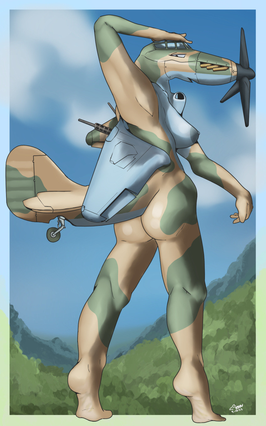 aircraft airplane anthro areola breasts butt camo female hand_on_head hawker_hurricane hi_res invalid_tag krowbutt living_aircraft living_machine living_vehicle looking_at_self machine medium_breasts nipples not_furry nude open_mouth propeller raised_arm rear_view sky solo standing tail tiptoes vehicle wings
